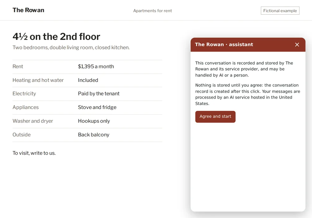 Screenshot: the chat window open on the Rowan listing page (a 4½ at $1,395 a month, heating included), showing its consent card before the first message.