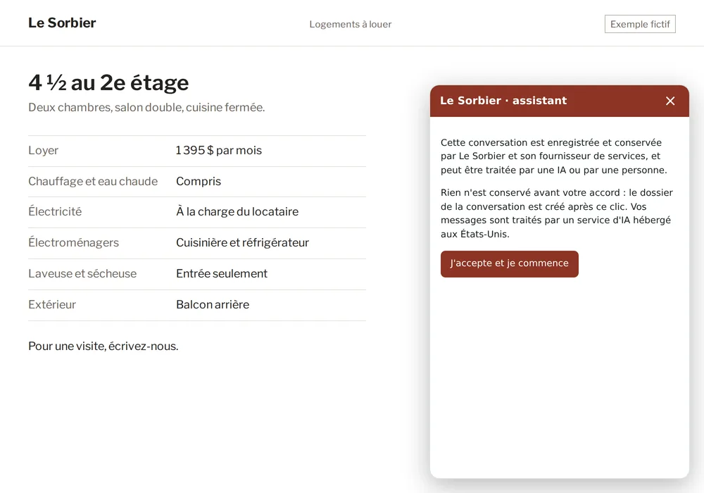 Capture d’écran&nbsp;: la fenêtre de clavardage ouverte sur la page d’annonce du Sorbier (un 4 ½ à 1 395 $ par mois, chauffage compris), avec sa demande d’accord avant le premier message.