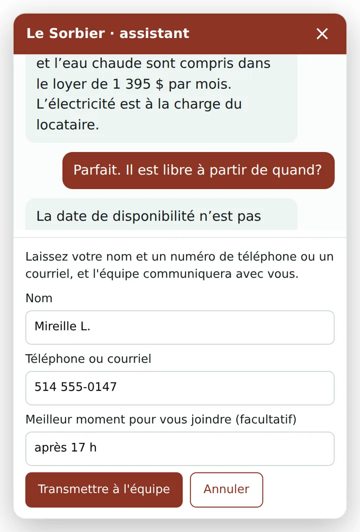 Capture d’écran&nbsp;: le formulaire pour parler à une personne, rempli avec un nom, un numéro de téléphone et «&nbsp;après 17 h&nbsp;».