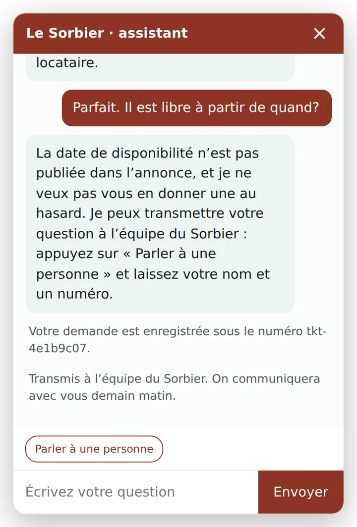 Capture d’écran&nbsp;: la demande est enregistrée sous un numéro, puis la fenêtre confirme qu’elle a été transmise à l’équipe du Sorbier, qui communiquera avec elle demain matin.