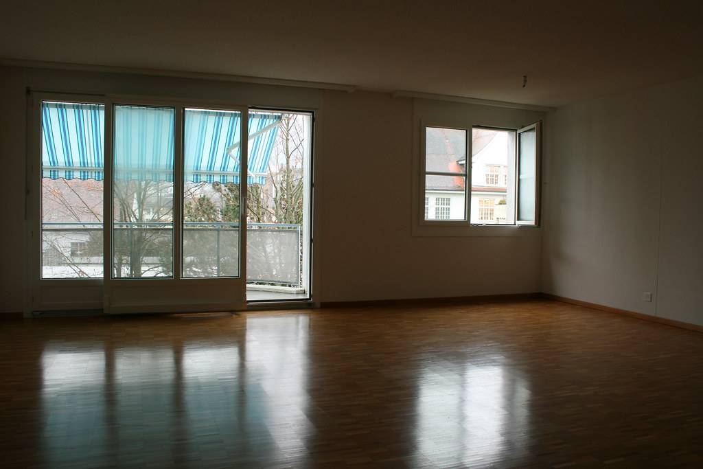 Empty living room with hardwood floors, lit by two windows.